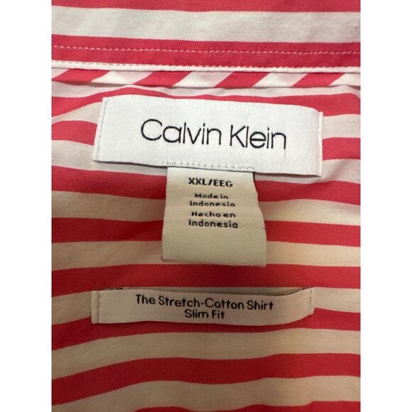 Calvin Klein Mens Slim Fit Stretch Cotton Button-Up Shirt Red/White Striped XXL - Picture 3 of 4